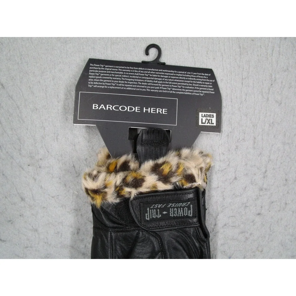 Power Trip Black Widow Leather Motorcycle Gloves Leopard Fur Trim 646-0005 L/XL